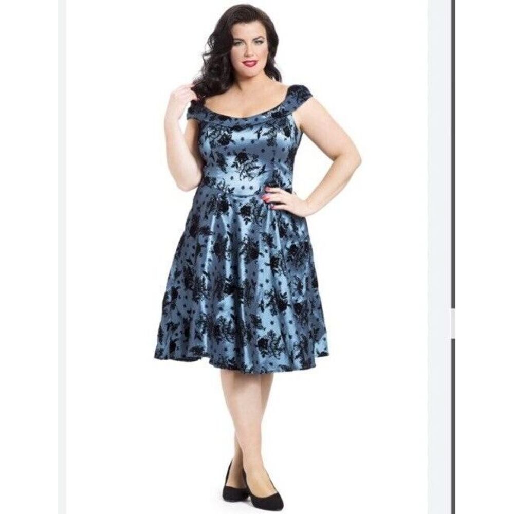 NEW VOODOO VIXEN Blue Velvet‎ Taffeta Dress Women's 1XL Velvet Burnout Retro